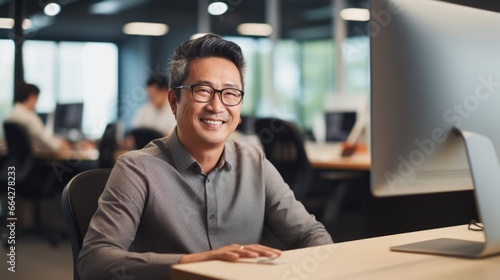 A smiling Asian man working in a modern office setting. Fictional characters created by Generated AI. photo