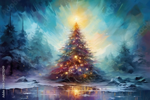Christmas tree in winter forest  starry night  full moon.