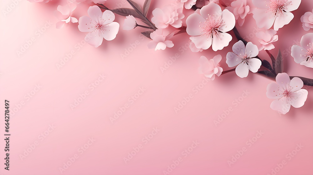 Banner with flowers on a light pink background with space to write 