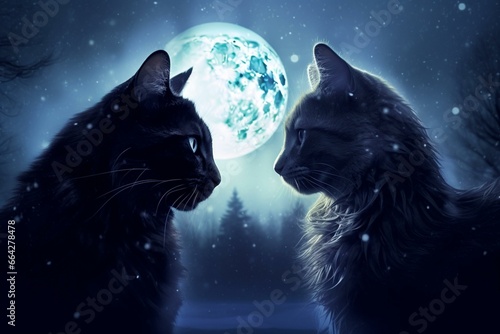 Nocturnal feline conversing with moon in digital artistic rendering. Generative AI