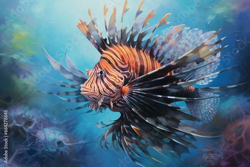A captivating lionfish near a stunning coral reef with vibrant stripes and elegant fins  enhancing the allure of the underwater world. Generative AI