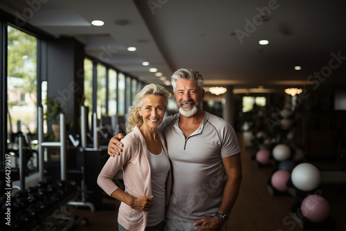 Portrait of happy senior couple standing together in gym. Mature man and woman looking at camera. ia generated