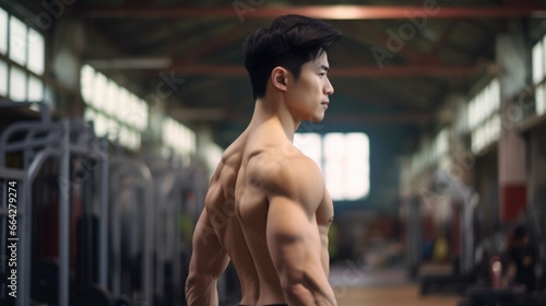 A gym-going man with an impressive physique. Fictional characters created by Generated AI.
