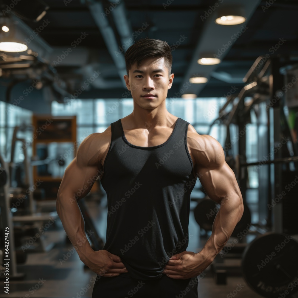 A Strong Man Poses for a Photo in a Gym. Fictional characters created by Generated AI. A Strong Man Poses for a Photo in a Gym. Fictional characters created by Generated AI.