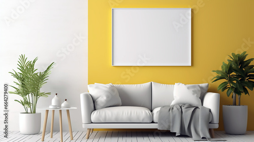 Sala de estar blanca y amarilla con un sofa blanco con una manta gris encima, decorada con un cuadro blanco en la pared amarilla, una mesa de madera y dos plantas naturales a los lados. photo