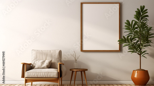 Sala de estar marrón con luz natural, butaca gris y mesa baja de madera con decoración y un cuadro grande en la derecha de la imagen acompañado de una planta grande y verde. photo
