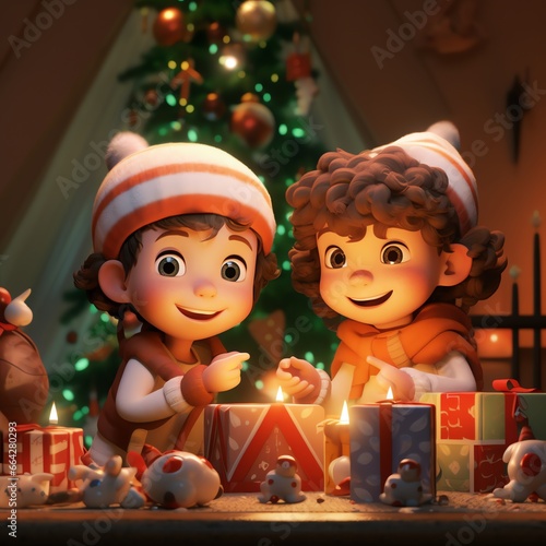 Cute happy children in winter clothes celebrating christmas