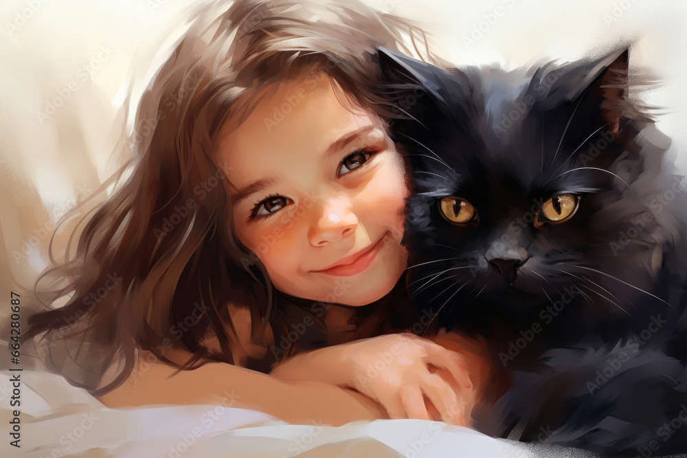 Beautiful little girl and black cat. Smiling cchild with pet Beautiful little girl and black cat. Smiling cchild with pet