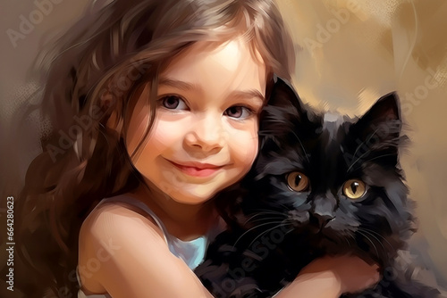 Beautiful little girl and black cat. Smiling cchild with pet