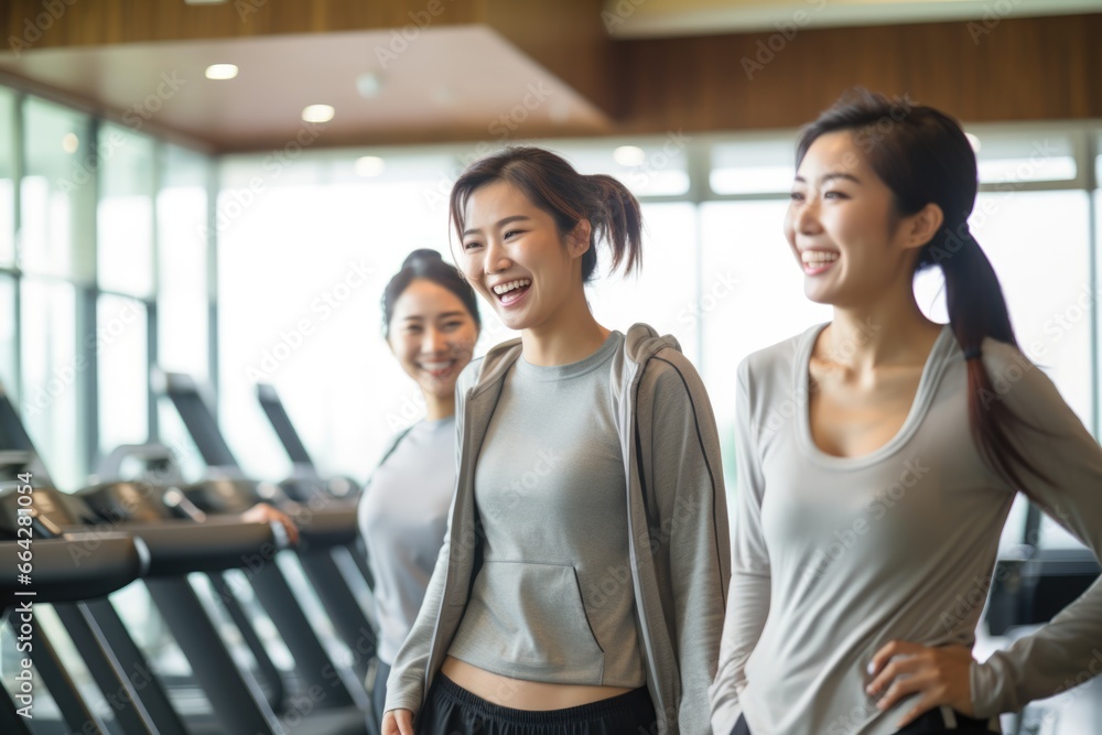 Three Women Laughing and Walking on Treadmills in a Gym. Fictional characters created by Generated AI. Three Women Laughing and Walking on Treadmills in a Gym. Fictional characters created by Generated AI.