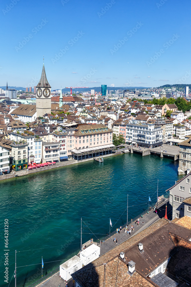 Zurich skyline with Linth river from above portrait format in Switzerland