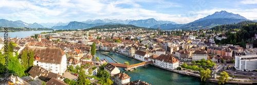 Lucerne city at Reuss river and lake with Spreuerbrücke bridge from above panorama in Switzerland