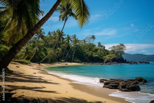 A sunny day on an island with lush tropical forest surrounded by sandy beaches. Generative AI