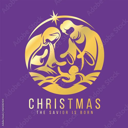 Christmas, the savior is born - Gold the nativity with mary and joseph in a manger with baby Jesus in circle star frame on purple background vector design