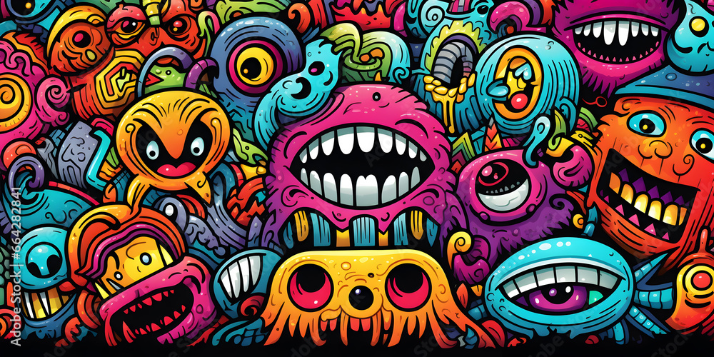Colorful doodle monster art background - obrazy, fototapety, plakaty 