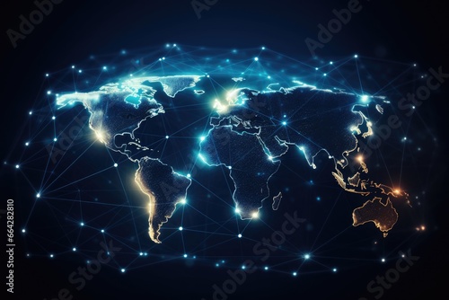 Global network connection concept on dark blue background. 3D Rendering, Global network connection. World map point and line composition concept of global business, AI Generated