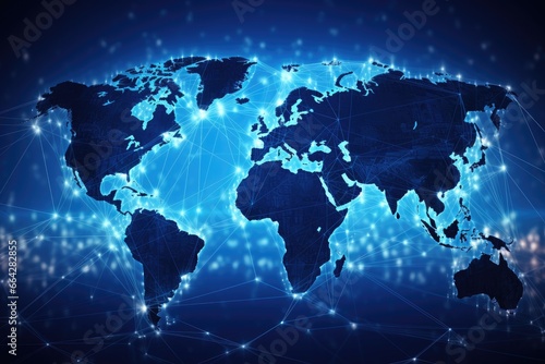 World map on a technological background  glowing lines symbols of the Internet  radio  television  mobile and satellite communications  Global networking and international communication  AI Generated