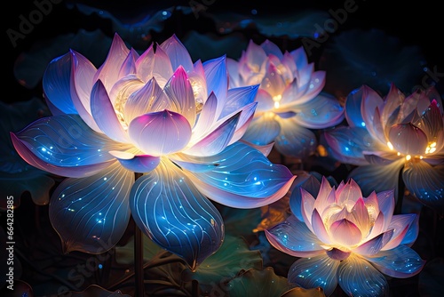 The beauty of the lotus in the pond with blue light, glowing lotus flowers, AI Generated photo