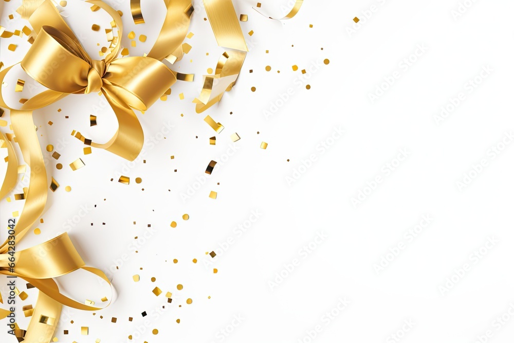 Holiday background with golden ribbon and confetti. Vector illustration