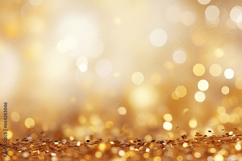 Golden glitter background with bokeh defocused lights and sparkle, Golden confetti on a light background. Festive abstract background with bokeh effect, AI Generated Golden glitter background with bokeh defocused lights and sparkle, Golden confetti on a light background. Festive abstract background with bokeh effect, AI Generated