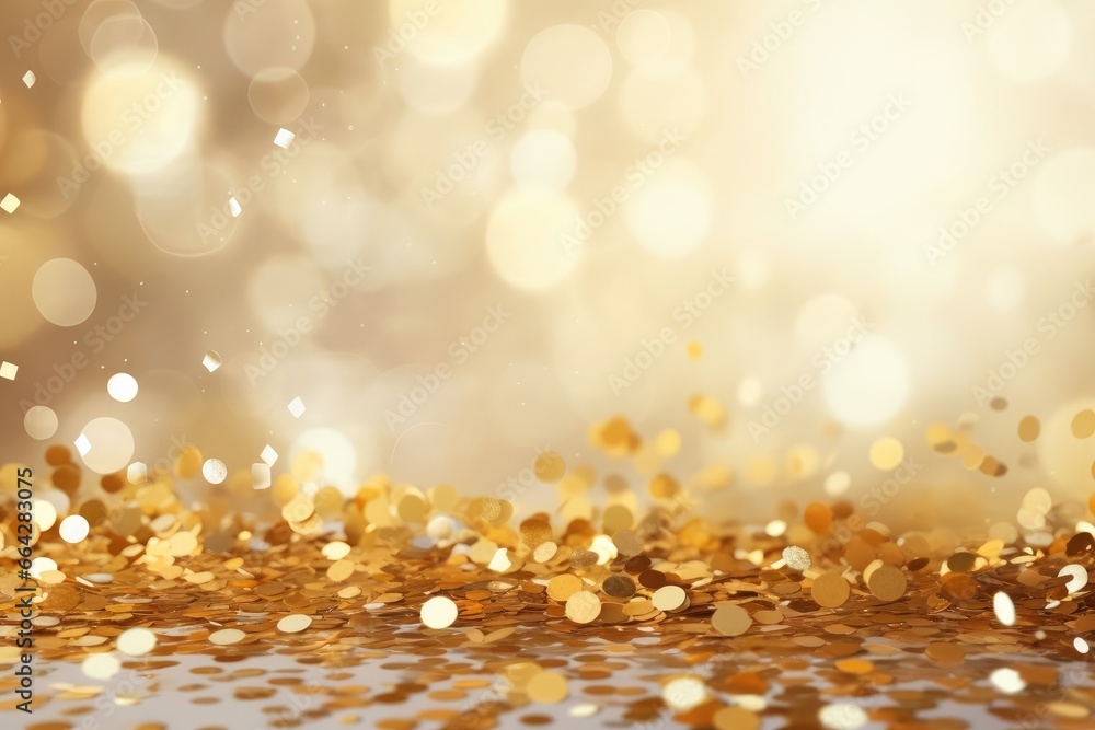 Golden glitter bokeh abstract background. Christmas and New Year concept, Golden confetti on a light background. Festive abstract background with bokeh effect, AI Generated