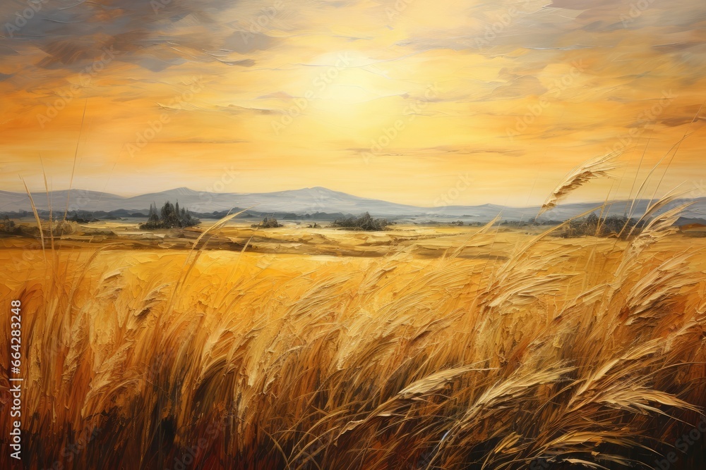 Wheat field at sunset with mountains in background. Digital painting, Golden field landscape, fantasy, empty background, painting, AI Generated