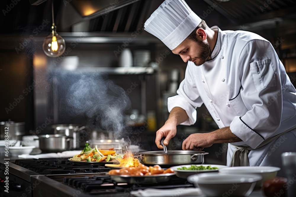 Chef preparing food in the kitchen at the restaurant. Cooking food concept, Gourmet chef cooking in a commercial kitchen, AI Generated Chef preparing food in the kitchen at the restaurant. Cooking food concept, Gourmet chef cooking in a commercial kitchen, AI Generated