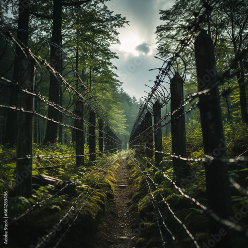 Fence a country border with barbed wire, ai generated
