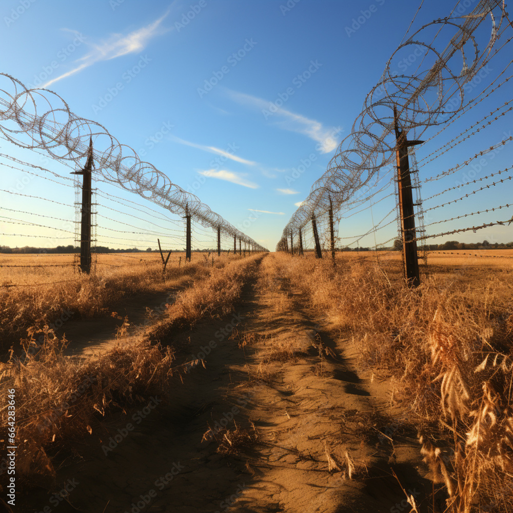 Obraz premium Fence a country border with barbed wire, ai generated
