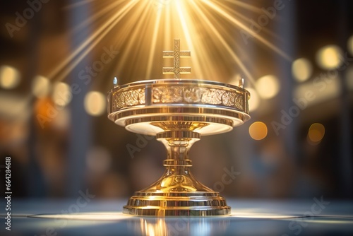 The golden monstrance with a little transparent crystal center, consecrated host. church defocused background. © AbulKalam