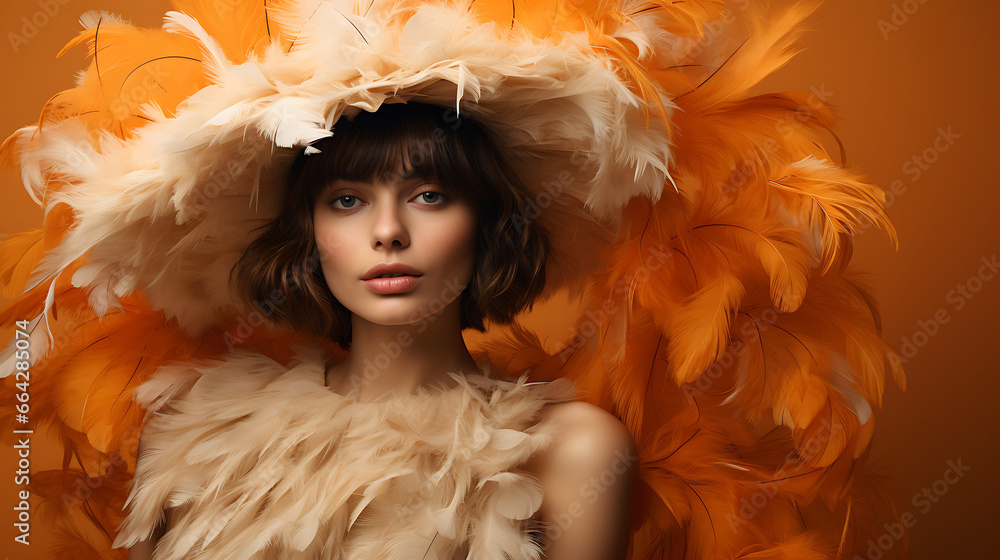 Model in a Feathered Hat on a Pale Orange Studio Background