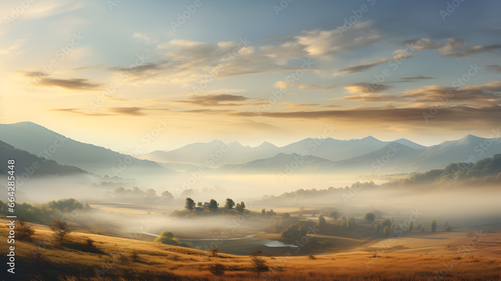 Autumnal countryside with hills on the horizon, sunset and mist.