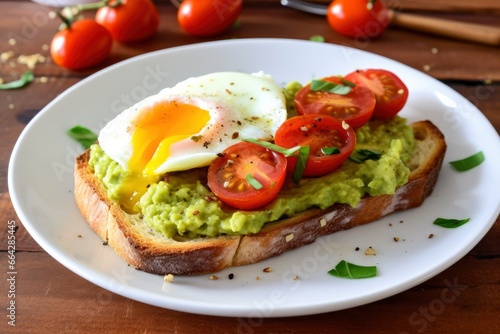 Avocado toast with eggs and roasted tomatoes.