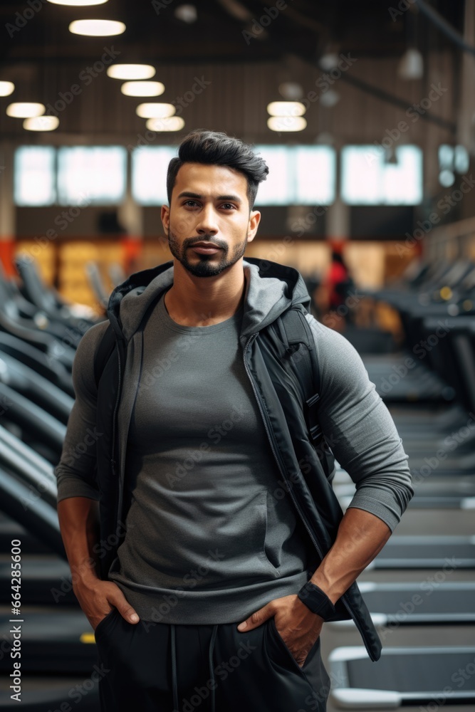 A Man with a Backpack Poses in a Gym. Fictional characters created by Generated AI.