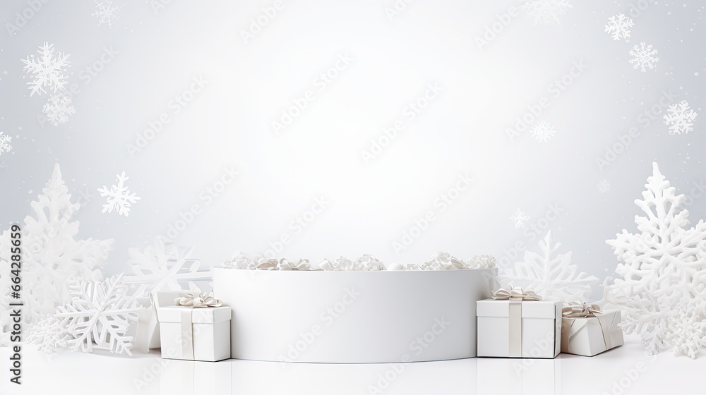 White round podium or pedestal with New Year gift boxes on a winter background with decorative snowflakes. Free space for product placement or advertising text.