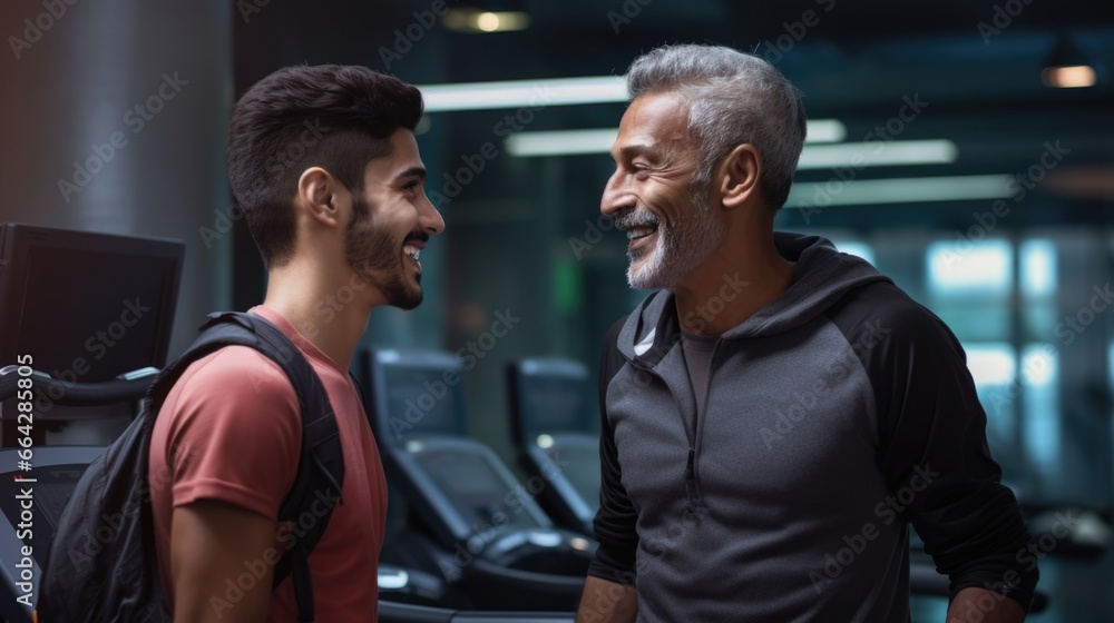 A Young Man and an Older Man Meet at the Gym for a Workout. Fictional characters created by Generated AI. A Young Man and an Older Man Meet at the Gym for a Workout. Fictional characters created by Generated AI.