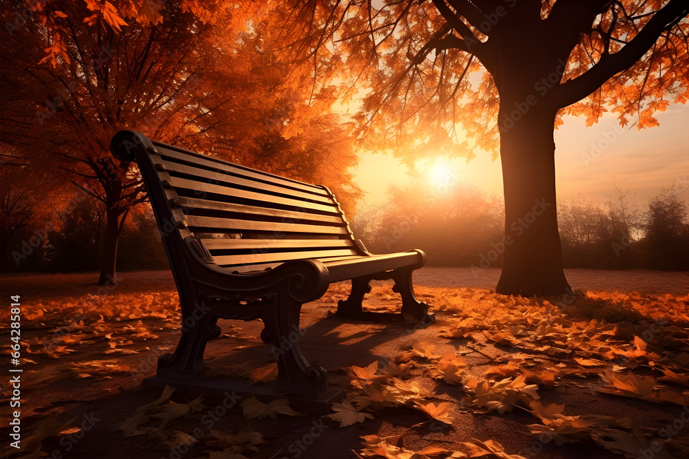 Wooden bench in an autumn park with maple, pond and sunset. Orange and yellow colored leaves.