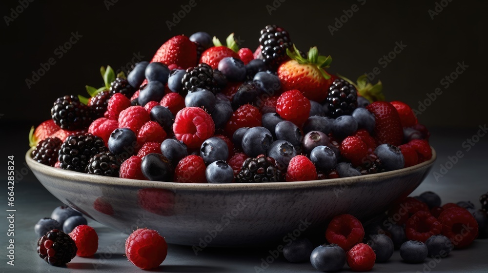 Fresh Mixed Berries in a Rustic Bowl on Dark Background Fresh Mixed Berries in a Rustic Bowl on Dark Background