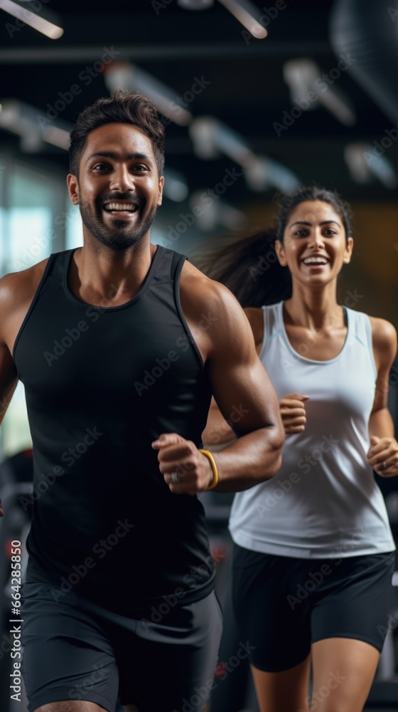 Man and woman exercising together in a gym. Fictional characters created by Generated AI. Man and woman exercising together in a gym. Fictional characters created by Generated AI.