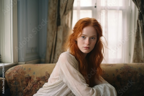 a portrait of a gorgeous young redheaded woman sitting on a couch in a luxurious posh living room, parisian style interior, sophisticated decoration © Romana