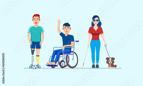 Group of smiling characters with disabilities and a man in a wheelchair People with prosthetics and football Blind woman and guide dog Vector illustration