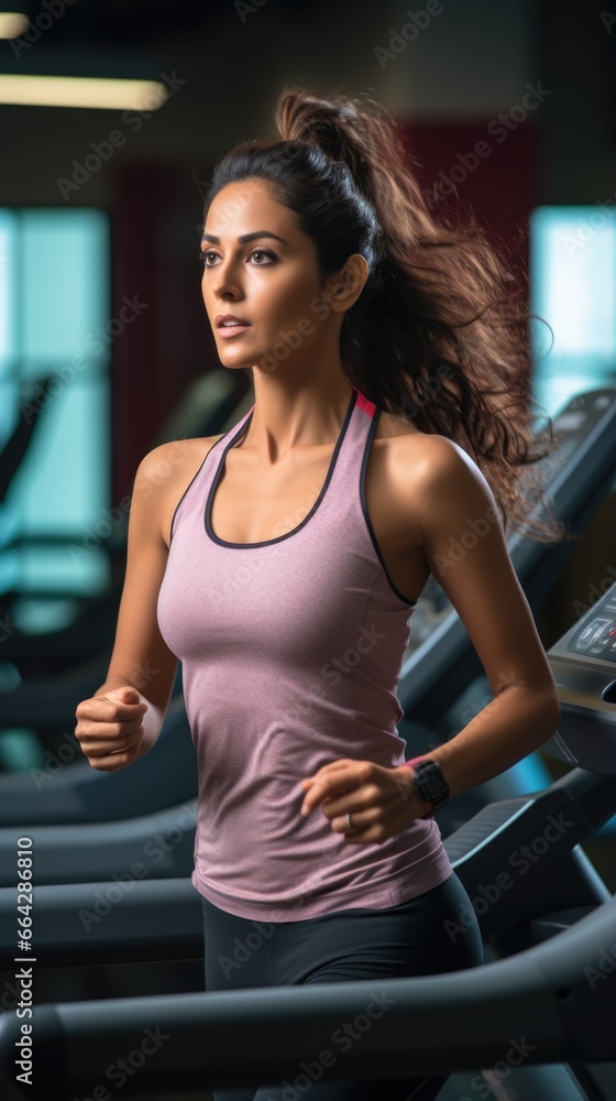 Female Fitness Model Running on a Treadmill. Fictional characters created by Generated AI.