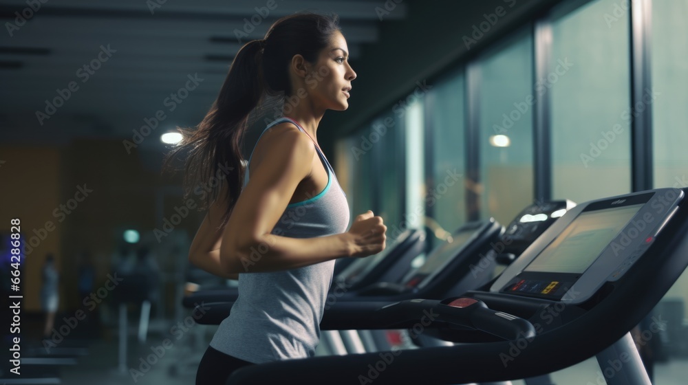 Female jogger on a treadmill in a gym. Fictional characters created by Generated AI.