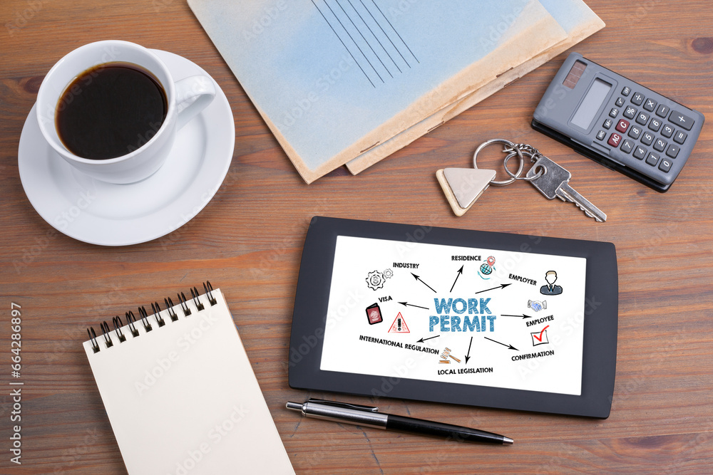 Work Permit Concept. Illustration with icons, arrows and keywords. Tablet device on a wooden table Work Permit Concept. Illustration with icons, arrows and keywords. Tablet device on a wooden table