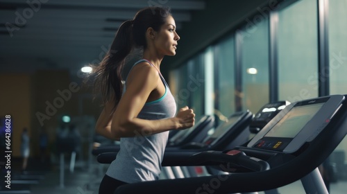 Female jogger on a treadmill in a gym. Fictional characters created by Generated AI.