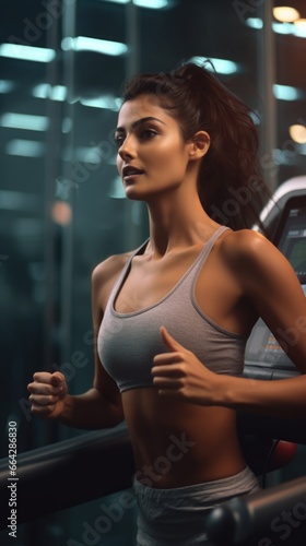 Fit and Healthy Woman Running on a Treadmill. Fictional characters created by Generated AI.