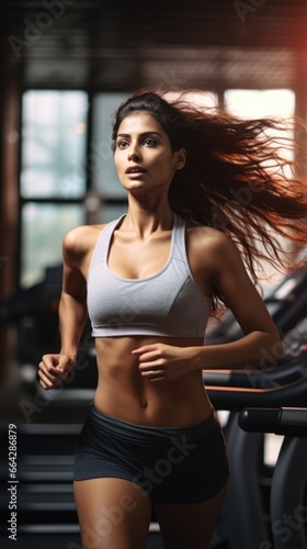 Fit and Fiery Woman Running on a Treadmill. Fictional characters created by Generated AI.