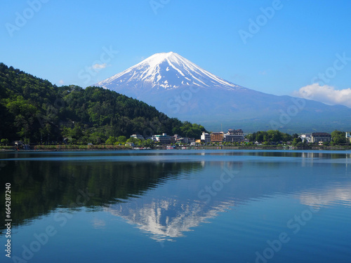 Mount Fuji at lake Kawaguchiko with clear blue sky, Japan
