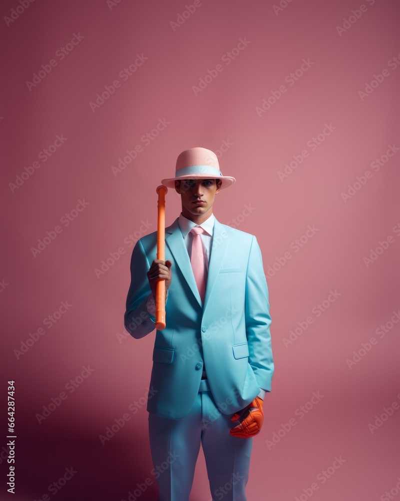 stylish American man in suit and hat holding baseball bat on pink