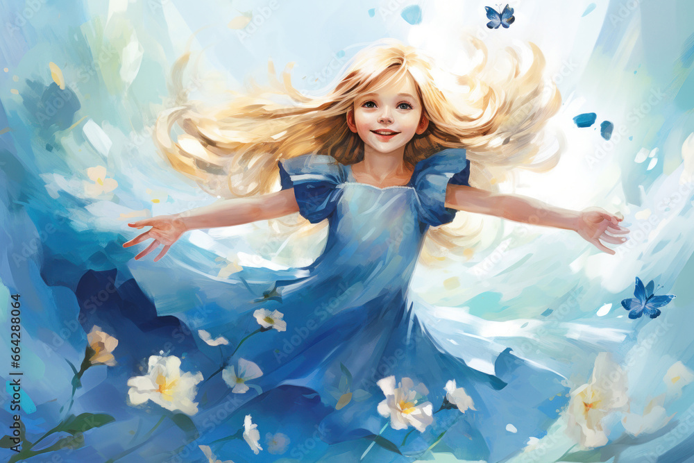 Cute little princess in blue dress with Flowers and butterflies Cute little princess in blue dress with Flowers and butterflies